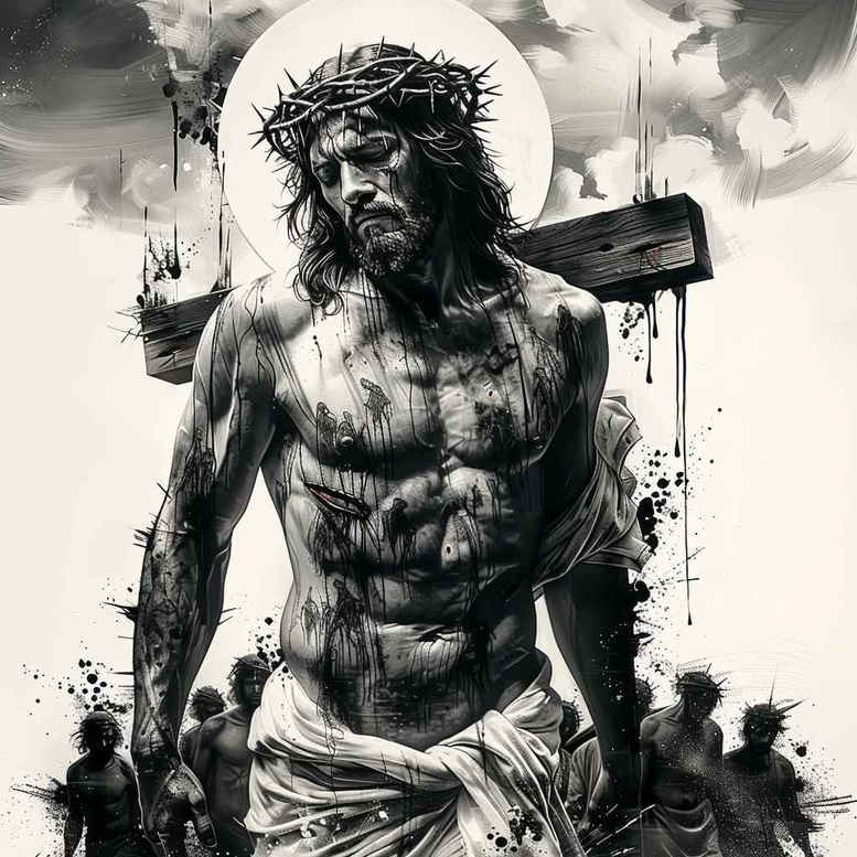 Jesus Christ warrior ink in black and grey, crown of thorns, halo, cross backdrop; dark composition, tattoo design concept suitable for cover-up.