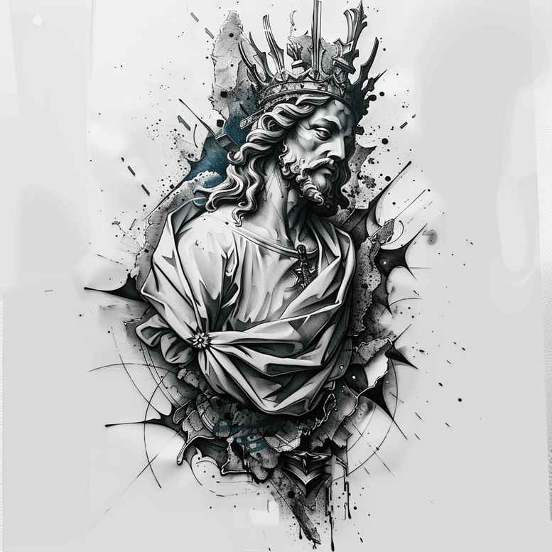 Jesus figure, crown of thorns, robe, ink splash; black and grey; AI-generated tattoo project; cover-up suitable.