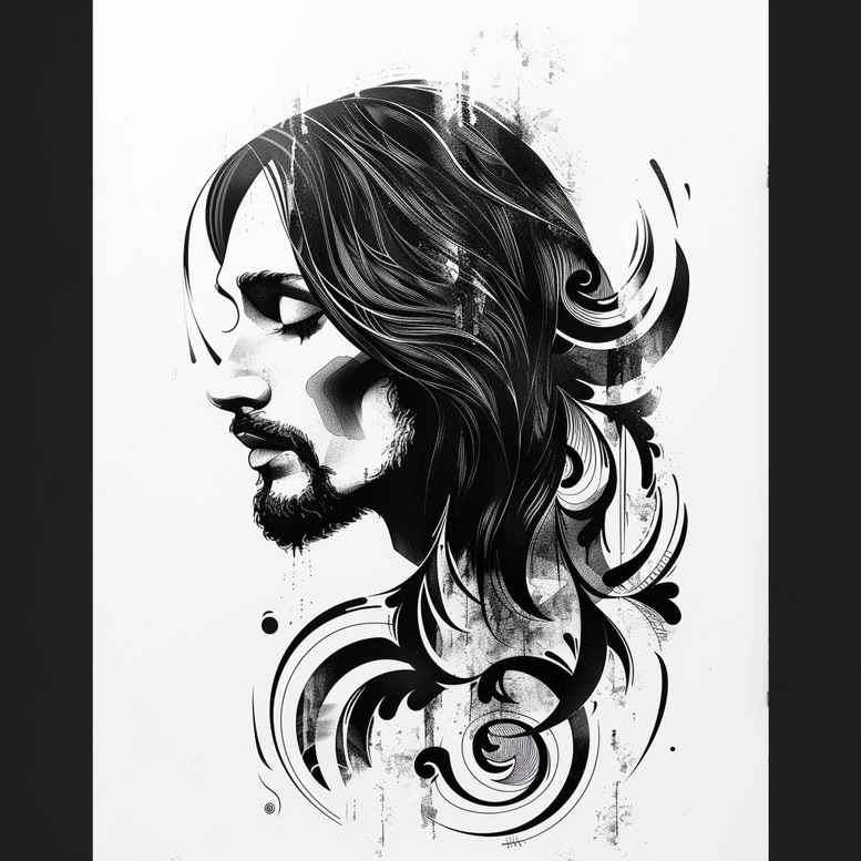 Portrait of Jesus in black and grey, profile view with flowing hair and beard, surrounded by ornamental swirls; AI-generated tattoo project, ideal for a cover-up.