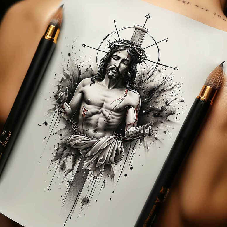 Jesus with geometric halo in black and grey; project idea for cover-up; objects: jesus, halo, circle, linework; cover-up: yes.