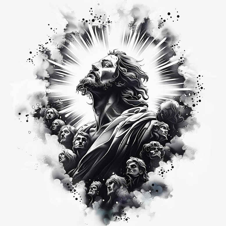 Central Jesus with halo, surrounded by smoke and clouds; black and grey AI-generated tattoo project, perfect for cover-up.
