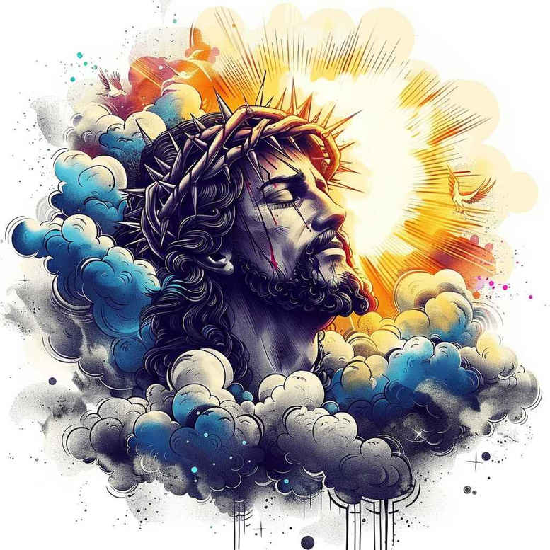 A colorful Jesus portrait with halo and sun rays, surrounded by clouds and watercolor splashes; AI-generated tattoo project idea; not ideal for cover-up.