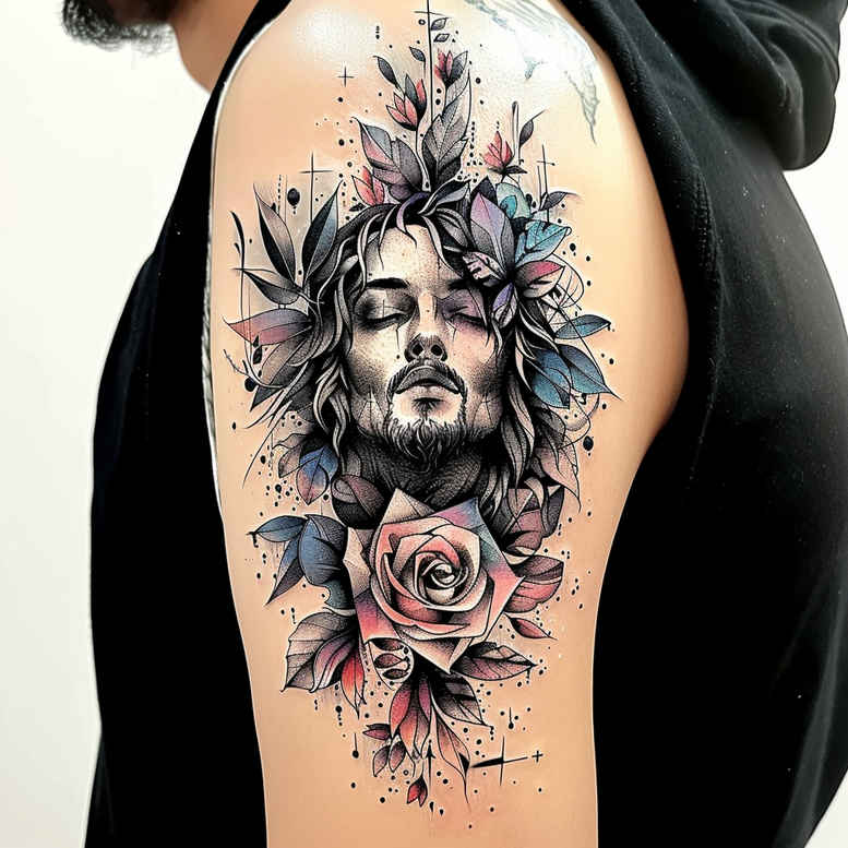 Jesus portrait with a pink rose floral crown on the upper arm, watercolor-style shading in black and grey; tattoo design idea for a meaningful sleeve.