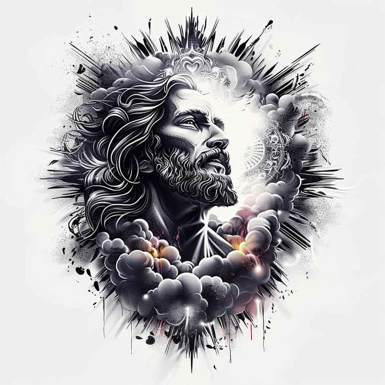 Jesus portrait with halo, sunburst, and clouds in black and grey watercolor; AI-generated tattoo project; suitable for cover-up.
