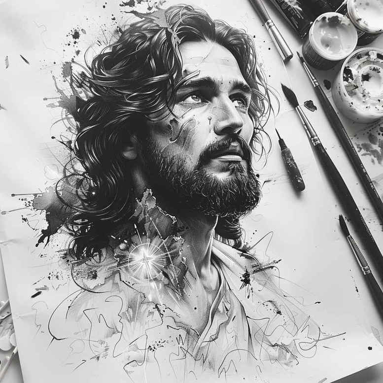 Black and grey portrait of a bearded man with long hair; visible elements include portrait, hair, beard, splash, linework; tattoo design idea; cover-up suitability: not ideal.