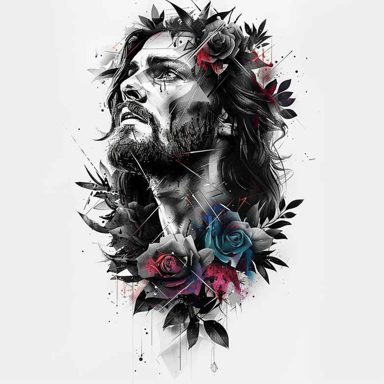 Portrait of Jesus-inspired face in black and grey with a floral crown; red and blue accent flowers add color; AI-generated tattoo project; suitable for a cover-up.