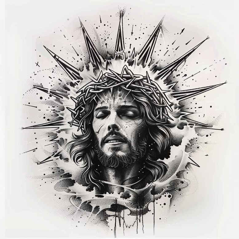 Jesus portrait, crown, halo, hair, face, and ink splatter in black and grey; project; suitable for a cover-up.