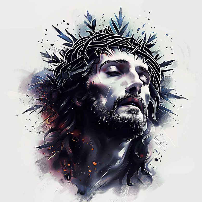 Face of Jesus in a black and grey watercolor portrait with crown of thorns, project idea, cover-up ready.