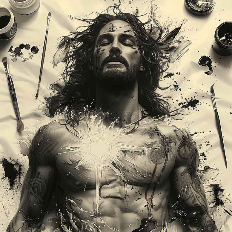 Face, torso, hair, beard, halo, and rays — a black and grey Jesus portrait; AI-generated tattoo project; suitable for cover-up.