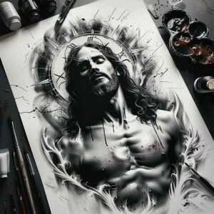 jesus tattoo design ideas gradient tones prayerful for abdomen