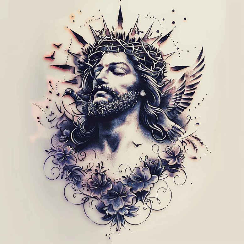 Jesus portrait in black and grey with halo, crown of thorns, and rays, framed by a purple floral mandala; AI-generated tattoo project idea; not a cover-up.