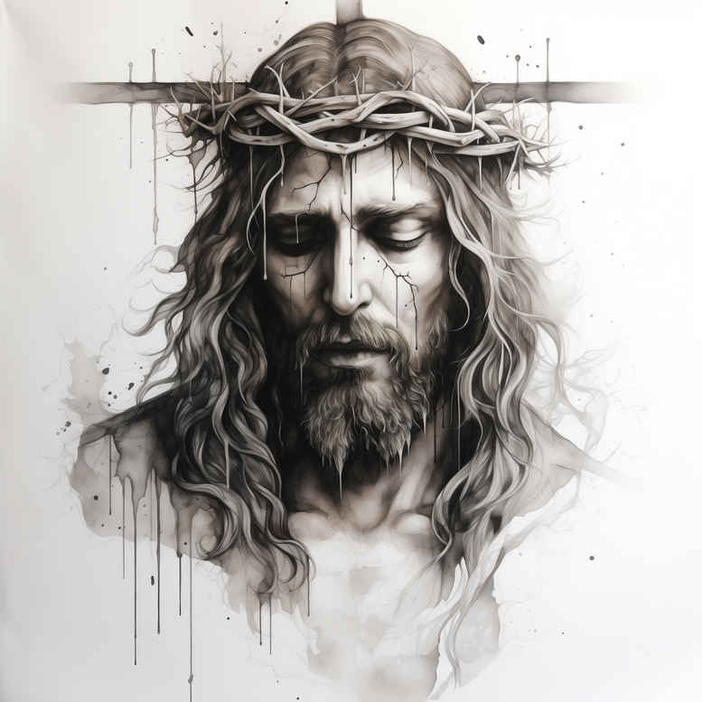 Jesus portrait, cross behind the head, crown of thorns; black and grey, tattoo project idea, cover-up-ready.