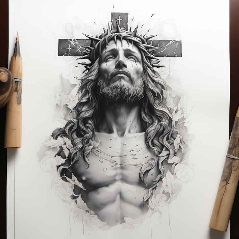 Jesus on the cross in black and grey; pencil study; project concept for a realistic tattoo design, suitable for cover-up.