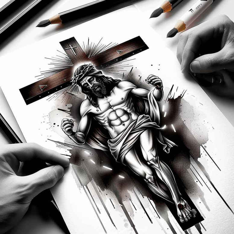 Crucifix, Jesus on cross, and surrounding shading in black and grey; AI-generated tattoo project idea, suitable for cover-up.