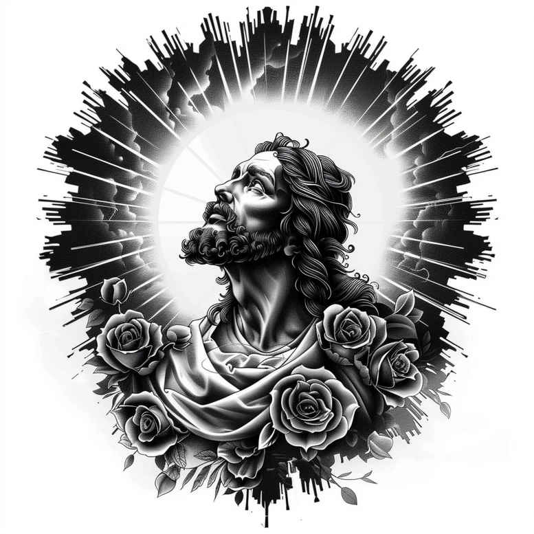 Jesus with halo and roses in black and grey; AI-generated tattoo project, pattern elements, suitable for cover-up.