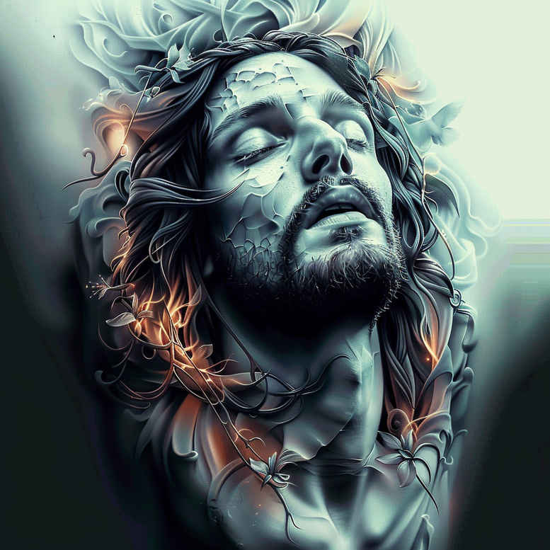 Jesus portrait with crown of thorns and botanical vines in black and grey; AI-generated tattoo project, ideal as a cover-up.