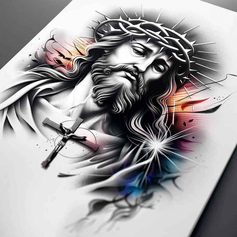 Jesus with crown of thorns, cross, halo, and rays; black and grey portrait with color splash; AI-generated tattoo project; cover-up potential.