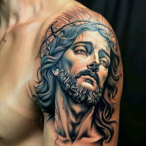 jesus tattoo design ideas illustrative style sacred aura for spine