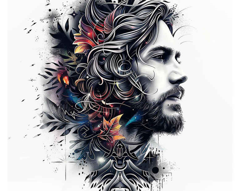 Black and grey AI-generated cover-up project: profile portrait with hair and beard, surrounded by butterfly, flower, and mandala ornaments.