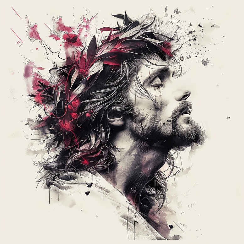 Man, crown, flower, hair, beard in black and grey with red accents; AI-generated Jesus-inspired tattoo concept; suitable for cover-up; pattern.