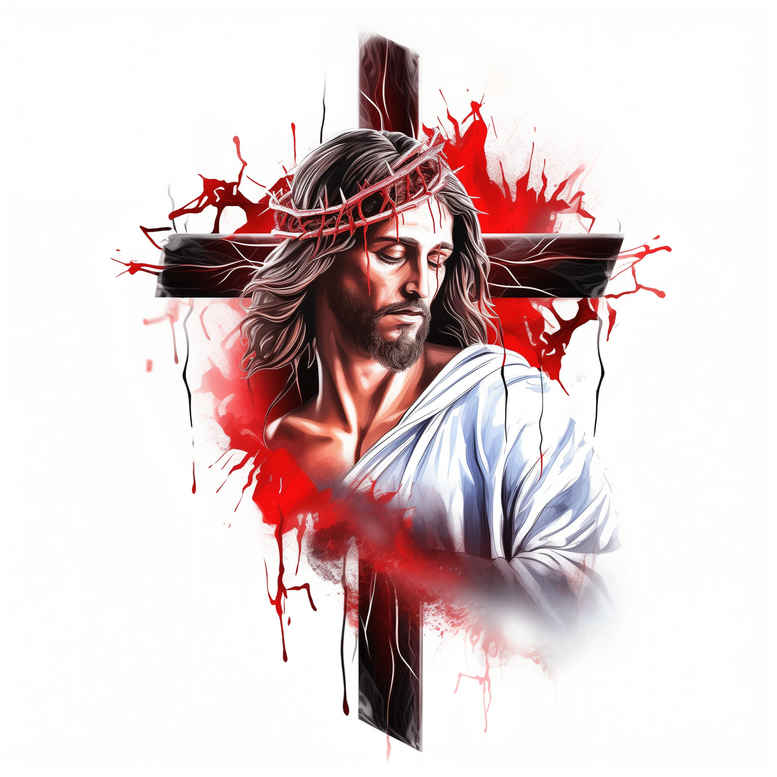 Cross with Jesus on white robe, red watercolor backdrop; full-color tattoo design concept, AI-generated project; suitable for cover-up.
