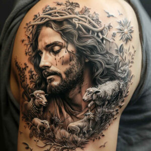 jesus tattoo design ideas illustrative style sacred for upper shoulder