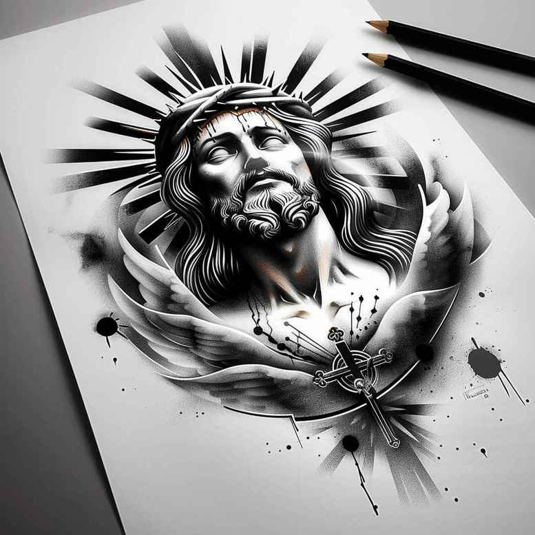 Jesus portrait in black and grey with crown of thorns and halo rays; AI-generated tattoo project; cover-up suitable.