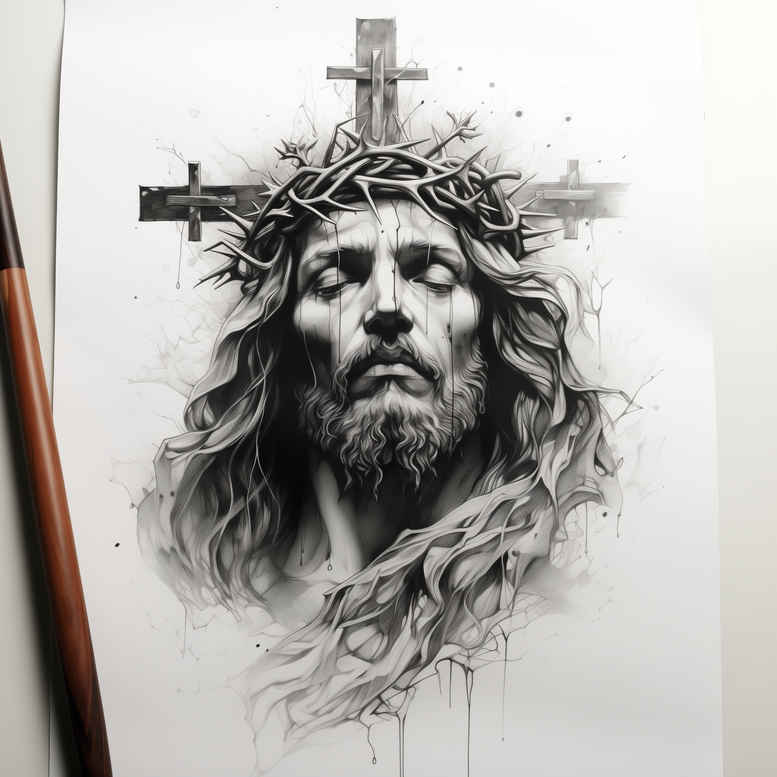 jesus tattoo design ideas Surrealism floating elements sacred imagery embodying courage