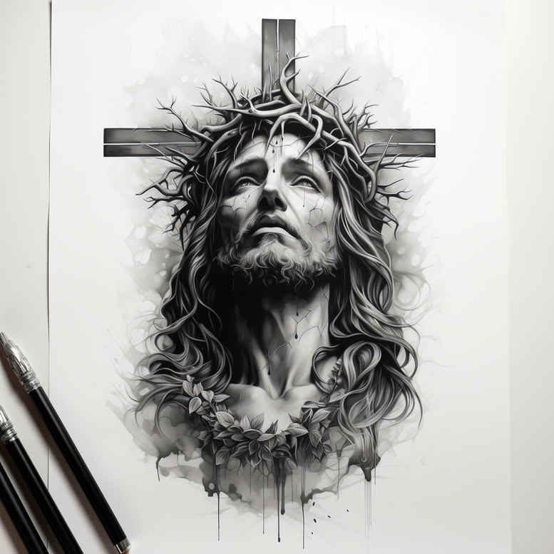 Cross backdrop with a realistic Jesus head and crown of thorns, in black and grey; AI-generated tattoo project, suitable for cover-up.