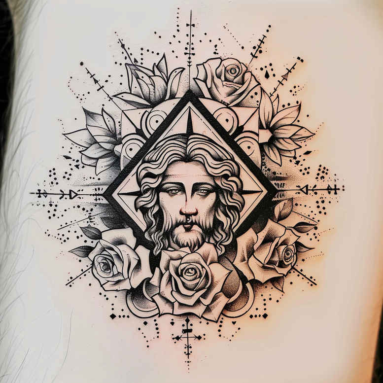 Black and grey tattoo design featuring Jesus' face within a diamond frame, surrounded by roses and geometric dotwork; project idea, ideal for cover-up.