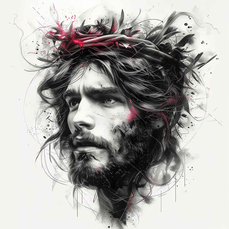 Portrait of Jesus-inspired figure in black and grey with crown of thorns; AI-generated project, cover-up-ready tattoo idea with subtle brushwork.