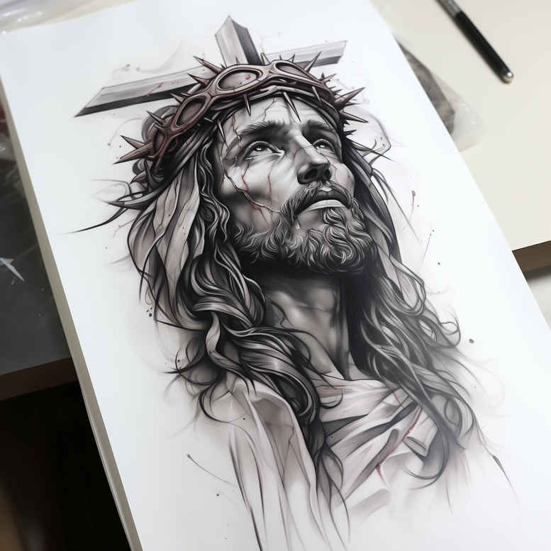 jesus tattoo design ideas hyper-realistic sacrifice for back of neck