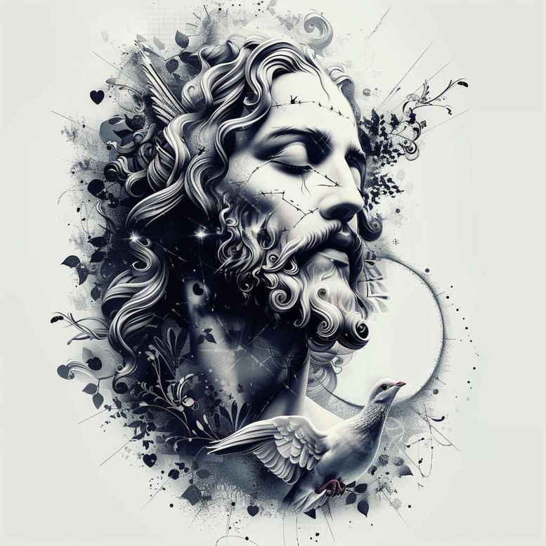 Jesus, face, halo, ring, ink, branch, petal in black and grey; AI-generated tattoo project; cover-up-ready; pattern.