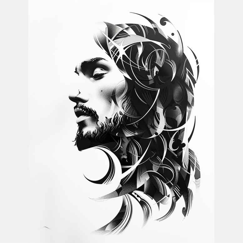 Man profile in black and grey with beard and hair, geometric pattern and leaf shapes; AI-generated tattoo project; suitable for cover-up.