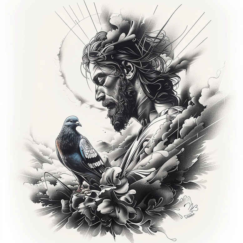 Christ-like figure, blue bird, rock, clouds, radiating lines; black and grey; tattoo design idea; pattern; suitable for cover-up.