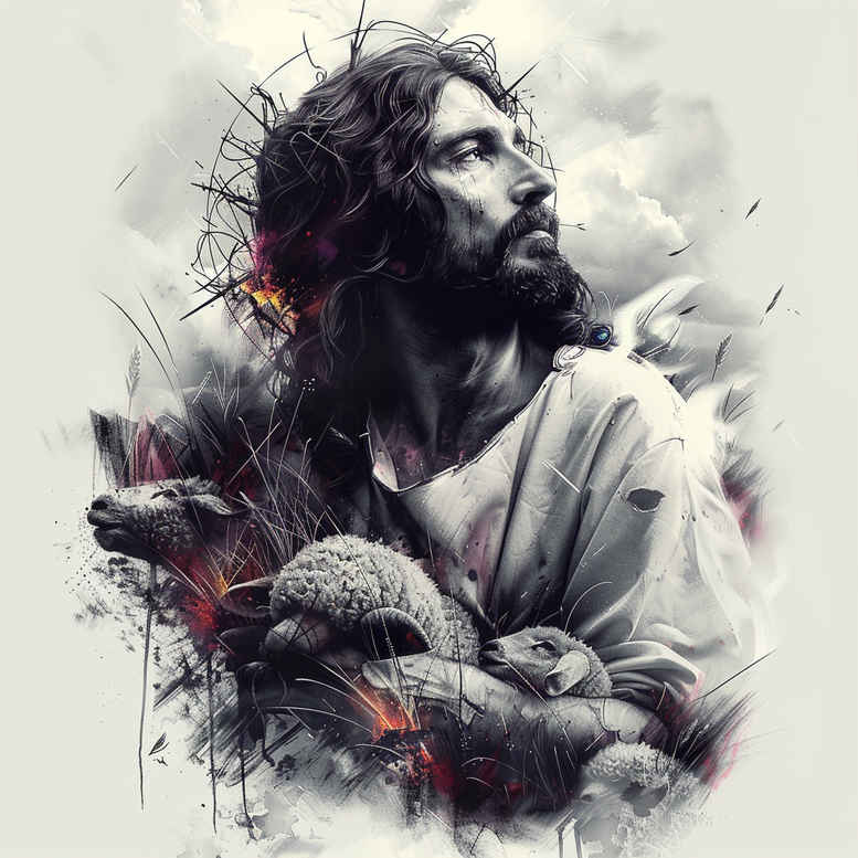 Jesus, lamb, robe, and cloud in black and grey watercolor; AI-generated tattoo project idea; not ideal for cover-up.