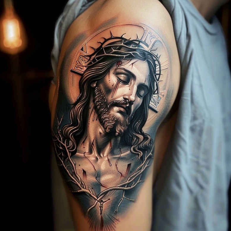 jesus tattoo design ideas fine lines spiritual light for elbow
