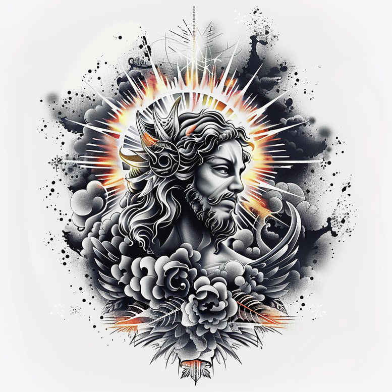 Jesus portrait with halo, clouds, lotus, and rose blossoms in black and grey; AI-generated tattoo project; suitable for cover-up.