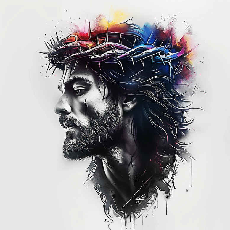 Jesus crown of thorns, hair, beard, and color splash in black and grey; AI-generated project concept; cover-up-ready tattoo design.