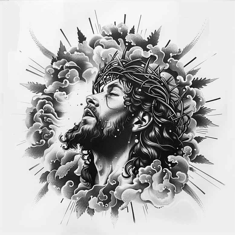 Elements: head, crown, thorns, face, beard, hair, rays, clouds; color: black and grey; project/idea: AI-generated tattoo project; cover-up: suitable.