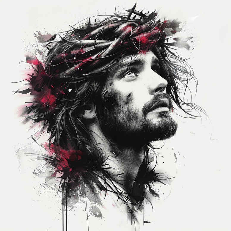 Portrait of Jesus with crown of thorns, dark hair, and red flowers in black-and-grey watercolor style; AI-generated cover-up tattoo concept.