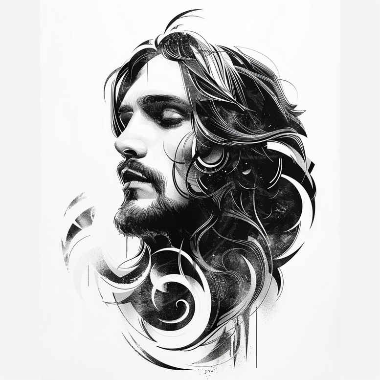 Face of Jesus in black and grey; hair; beard; smoke; AI-generated tattoo project concept; not suitable for cover-up.