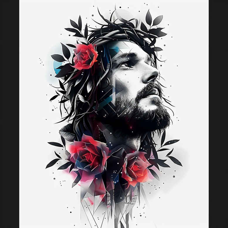 Jesus portrait with crown of thorns, rose blooms, leaves, hair, and beard; black-and-grey shading with red and blue accents; AI-generated tattoo project; cover-up.