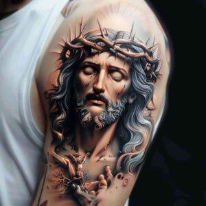 jesus tattoo design ideas portrait realism spiritual strength for lower thigh
