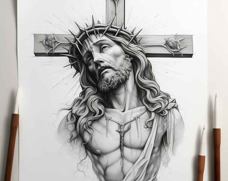 Cross, Jesus, crown of thorns in black and grey; project idea; suitable for a cover-up.