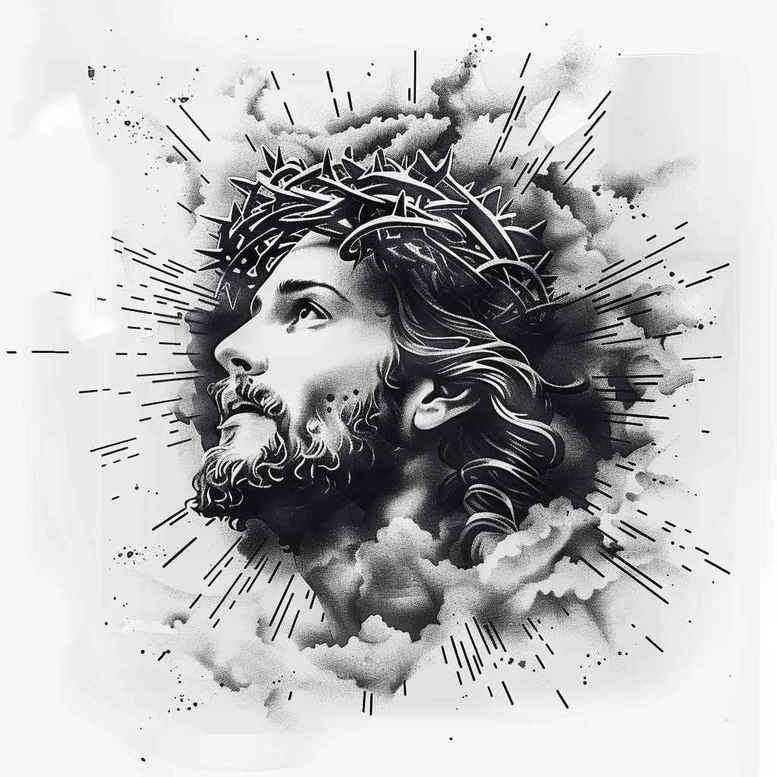 Face, crown, hair, beard, halo, and rays in black and grey; project idea for a Jesus tattoo design, ideal for cover-up.