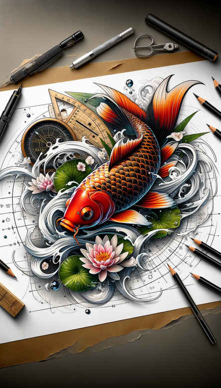 koi-fish tattoo design ideas Surrealism morphic transformation detailed texture for wrist