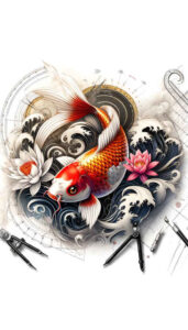 koi-fish tattoo design ideas Surrealism hyperreal peaceful for lower back