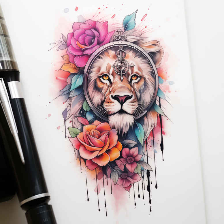 artistic-lion – tattoo design ideas free ai generated – neotraditional-classic-motifs – for-knee – Gallery: lions-inkby-ai
