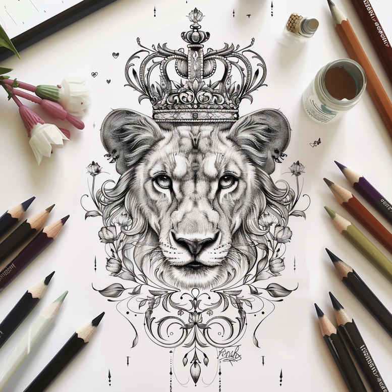 geometric-lion – tattoo design ideas free ai generated – surrealism-esoteric – for-back – Gallery: lions-inkby-ai